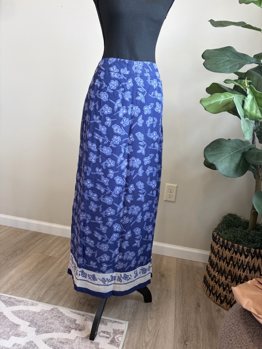 Blue Floral Maxi Skirt with Contrast Border